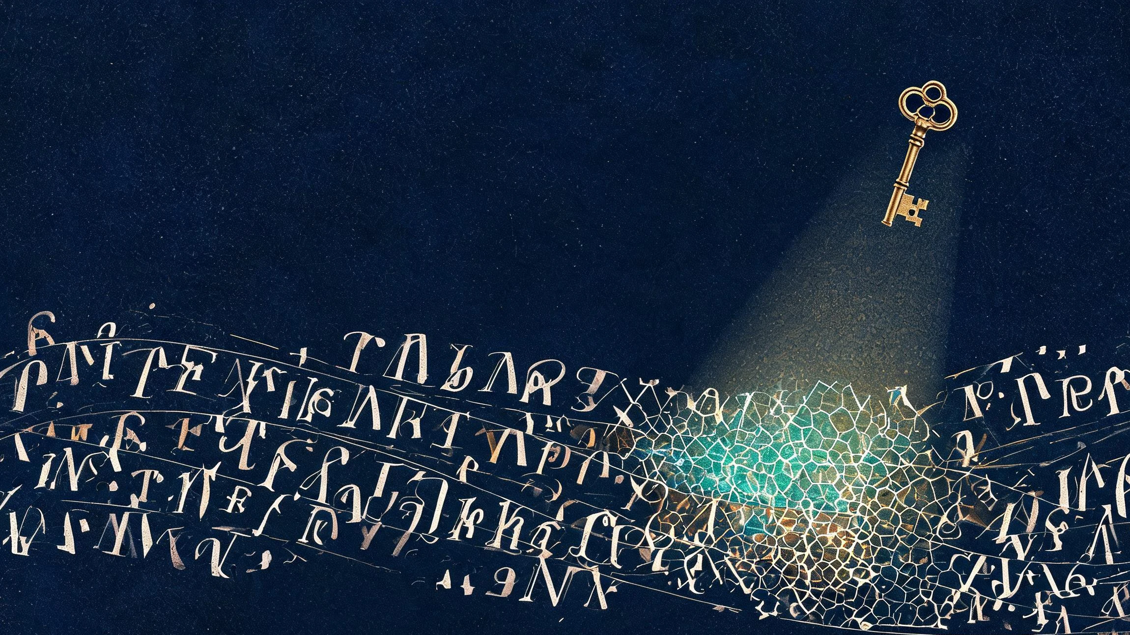 On a deep navy background, a brass key casts a beam of light across a river of letterforms; the illuminated fragments reveal a faint hexagonal lattice.