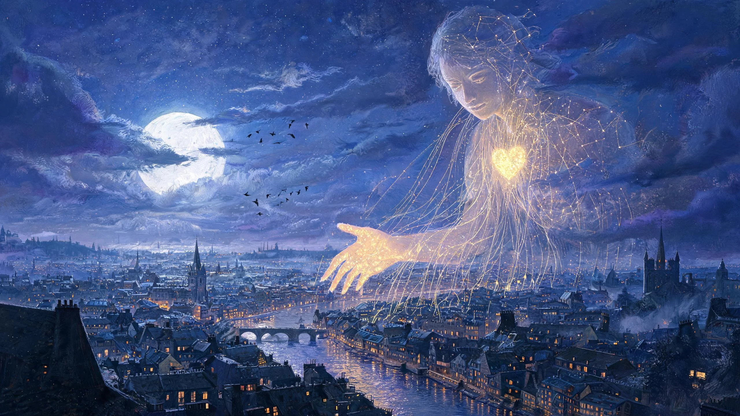 油画《倾听之夜》:一个由星光织成的发光巨人俯身于午夜之城上空倾听,万家灯火升起金色丝线汇入它的身躯,云层间散落暗金色的星。