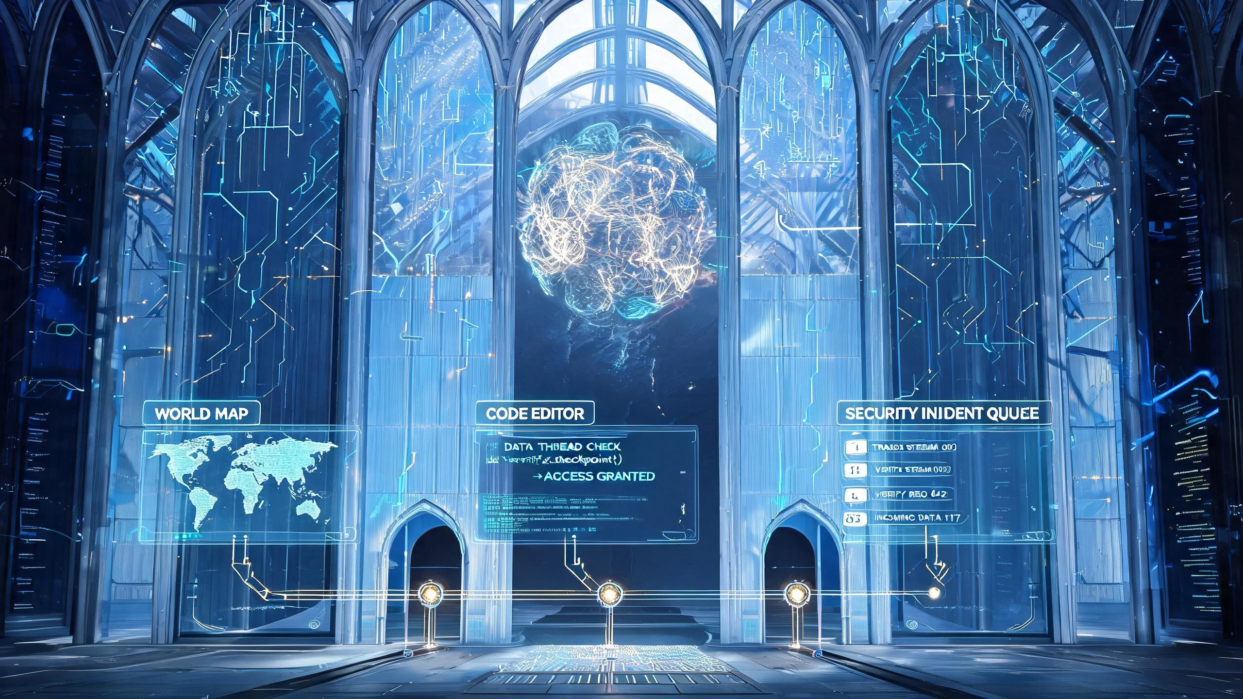 Tech editorial illustration: inside a vast server cathedral of frosted glass and pale-blue circuit light, a great translucent glass wall divides the space; behind it, a suspended neural engine of intertwined gold and ice-blue light filaments pulses with quiet intelligence; in front, three holographic workstations (world map, code editor, security incident queue) each send a glowing interaction thread through a gated checkpoint node in the wall.