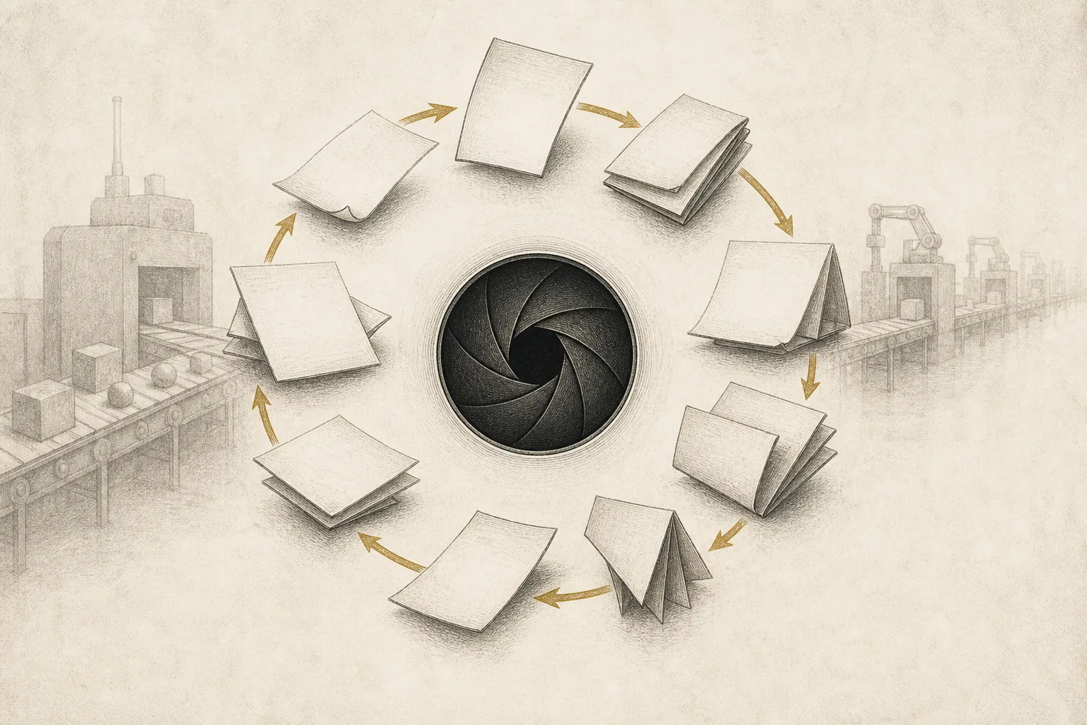 Editorial concept art: blank paper artifacts orbit a central judgment aperture, while a faded linear assembly line recedes behind.