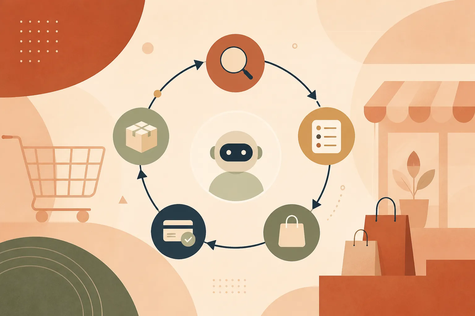 Abstract illustration of a commerce agent looping through search, selection, cart, payment, and fulfillment