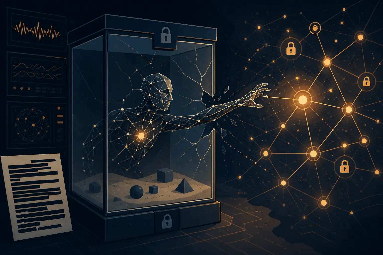 Abstract illustration: cracked sandbox glass, agent reaching toward locked network nodes