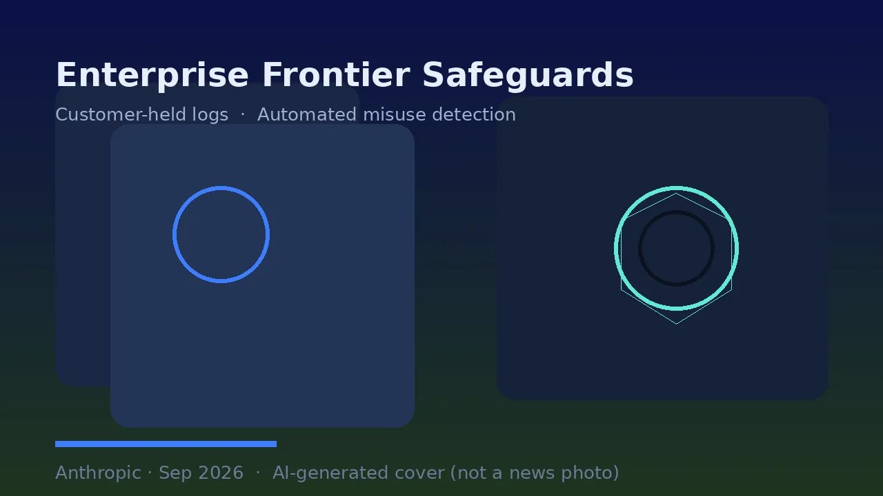 Abstract illustration of a customer-side data vault and automated misuse-detection shield for Enterprise Frontier Safeguards