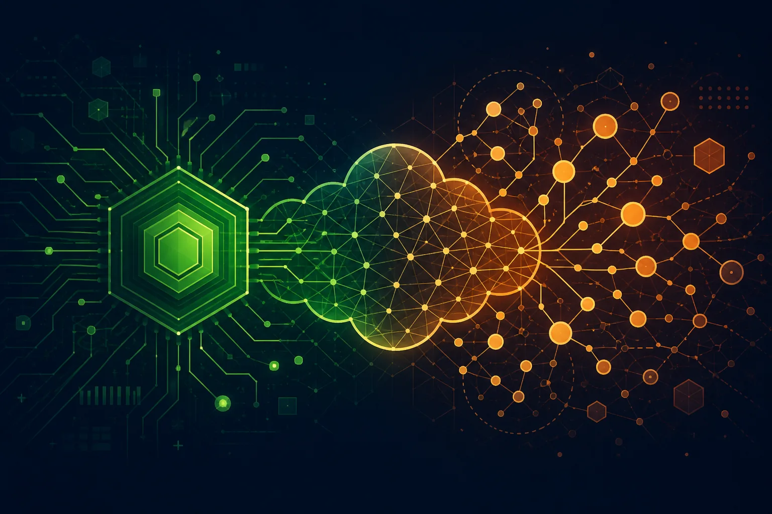 Abstract illustration of a green chip motif merging with orange open-source nodes into one network