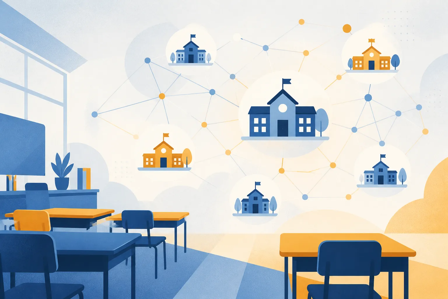 Abstract illustration of classroom desks linked to a district school network for Claude for Teachers