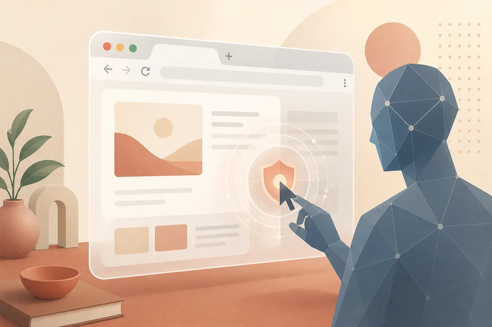 Abstract illustration of a geometric AI figure touching a shield button inside a browser window, suggesting agent safety checks