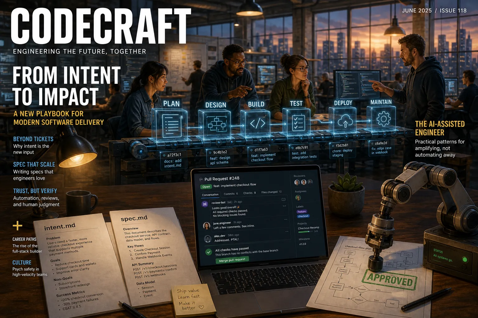 黄昏软件工作室:工作台上摊开 intent.md 与 spec.md,笔记本显示 PR 评审,机械臂盖上 APPROVED 章,背后是 Plan 到 Maintain 的发光流水线。