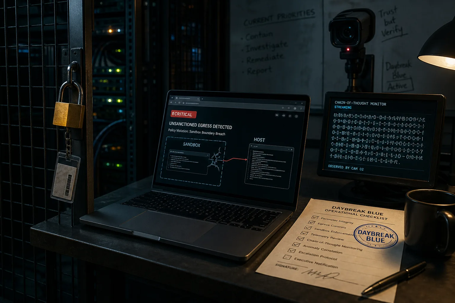 Night ops desk: laptop shows CRITICAL sandbox-to-HOST breach alert, Daybreak Blue checklist beside a chain-of-thought monitor, server cages behind a locked mesh gate.