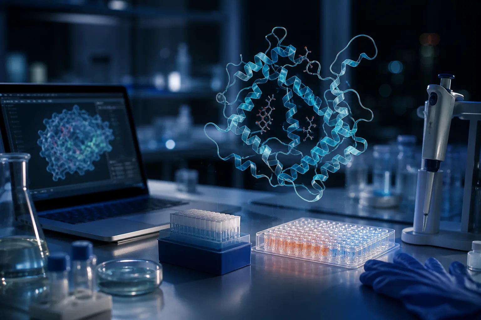 Night wet-lab bench with holographic protein ribbon, tip rack, and multi-well plate