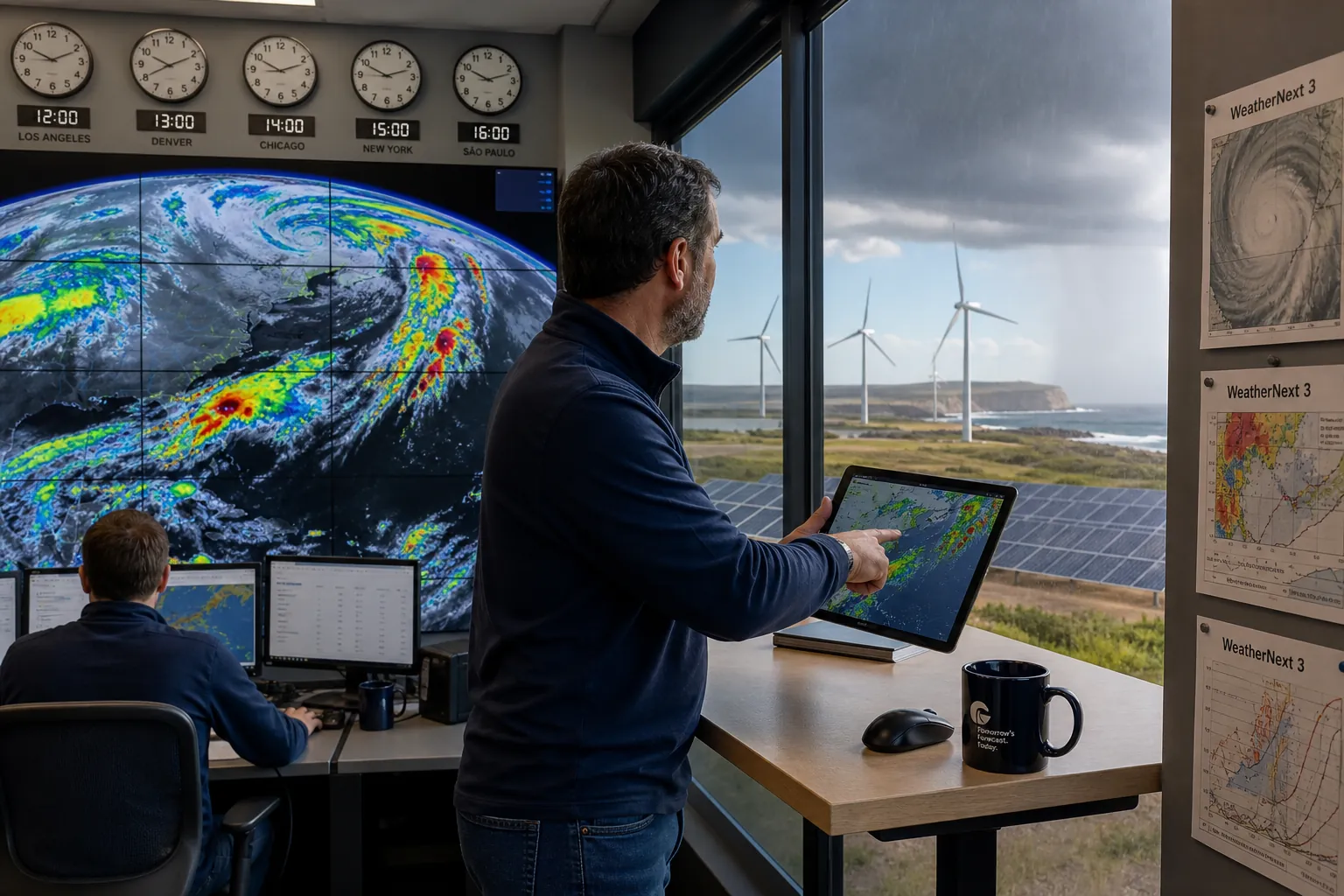 Weather ops room: wall-sized geostationary satellite mosaic, engineer pointing at a 5 km precip map on a tablet, coastal wind farm and solar panels outside the window