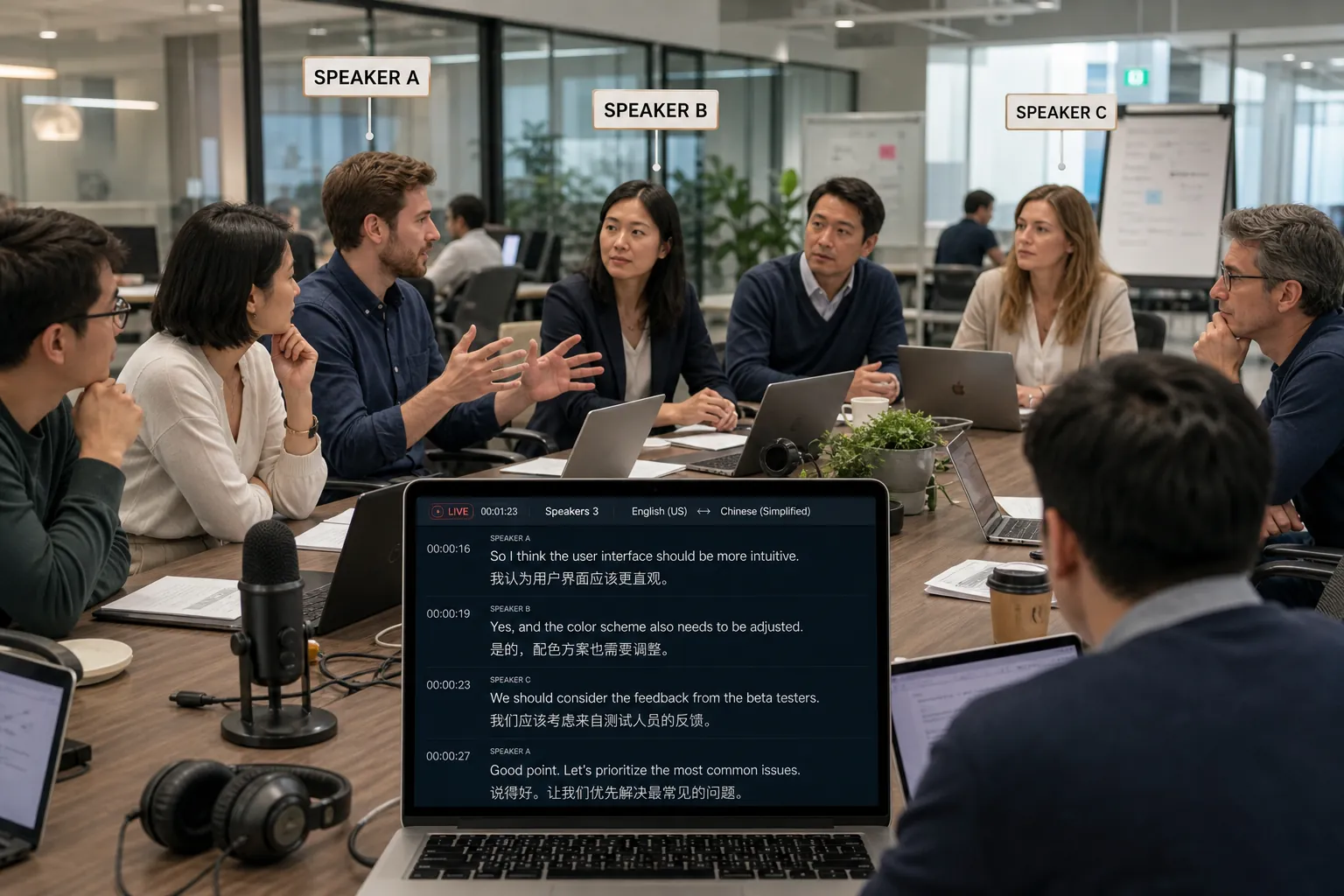 Busy conference room with many speakers; laptop in foreground scrolls a live bilingual transcript; SPEAKER A/B nameplates hang above people