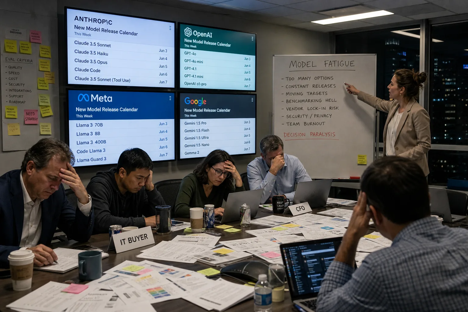 Night enterprise war room: four wall monitors show Anthropic, OpenAI, Meta, and Google same-week model release calendars; IT buyer and CFO at a table buried in benchmark sheets; whiteboard reads Model Fatigue