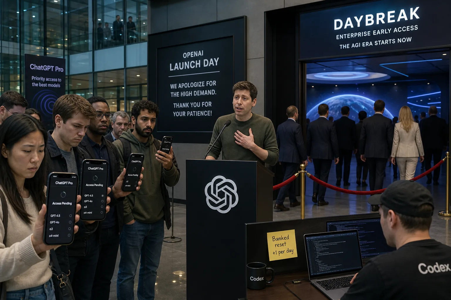 玻璃大堂发布会:付费订阅者举着显示 Access Pending 的手机排队,红绳后 Daybreak 企业客户走入 AGI 演示厅,讲台人物致歉,旁边 Codex 工位便利贴写着每天一张 banked reset