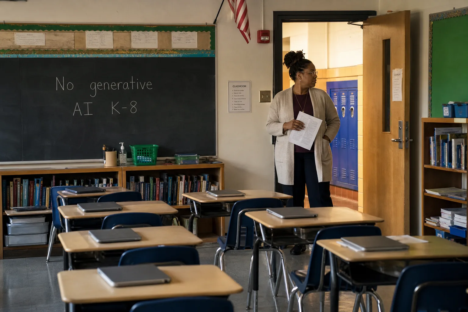 Empty NYC elementary classroom with chalkboard reading No generative AI K-8, teacher at the doorway holding a paper lesson plan, closed laptops on desks