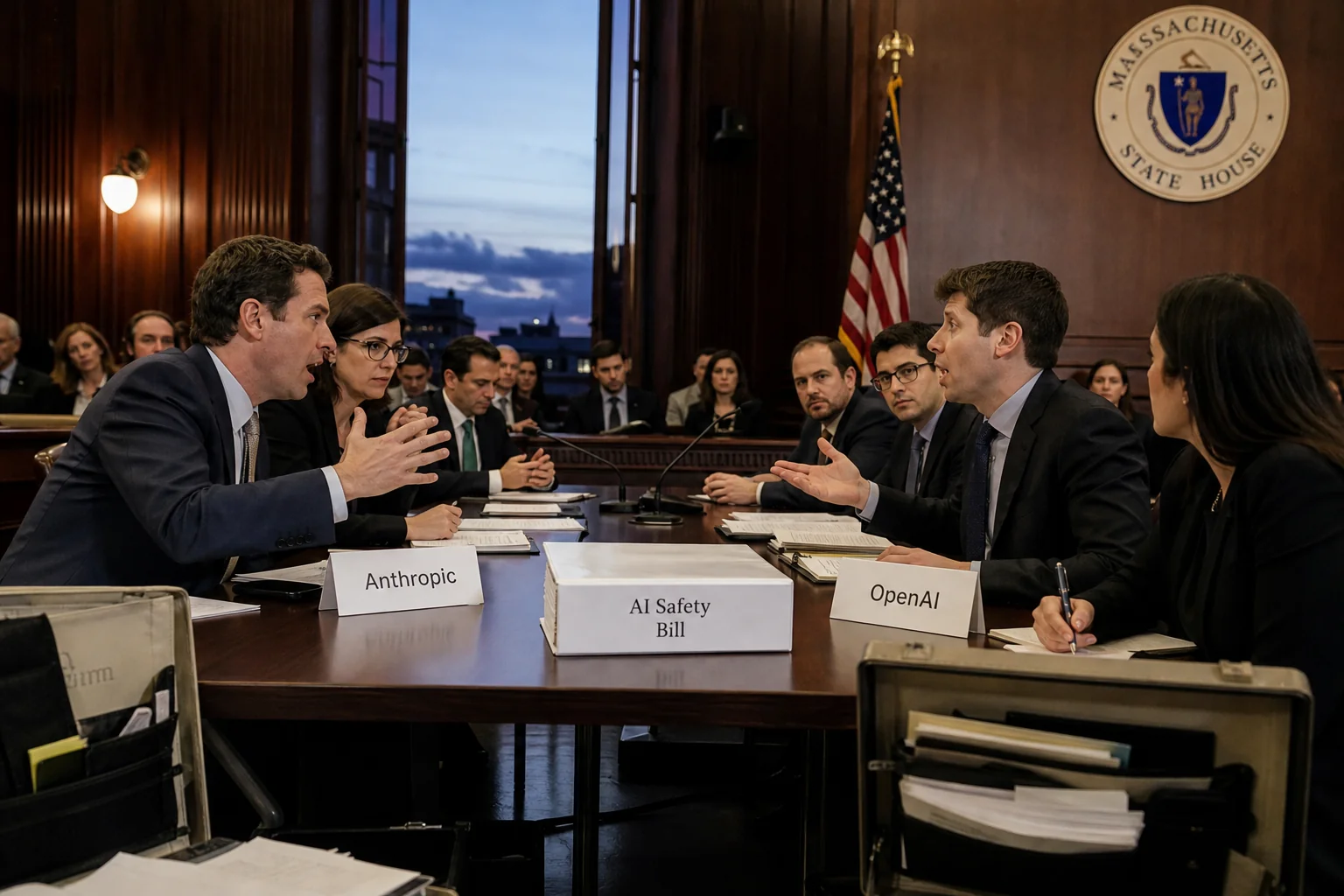 Massachusetts State House hearing room with AI Safety Bill binder between Anthropic and OpenAI nameplates, open lobbyist briefcases