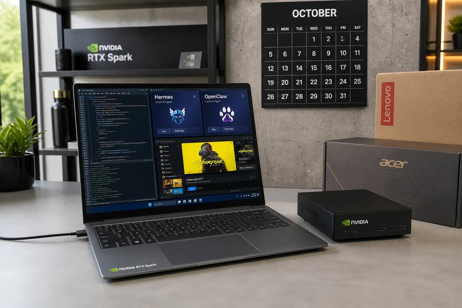 展台上的超薄 Windows 笔记本与迷你台式机，机身印 NVIDIA RTX Spark，屏幕开着 Hermes 与 OpenClaw 本地 Agent，墙上日历是十月