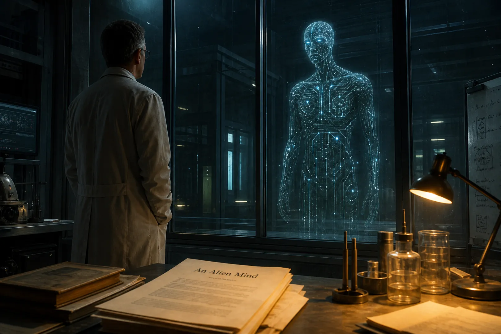A researcher faces a circuit-patterned alien figure behind glass, with An Alien Mind pages on the desk