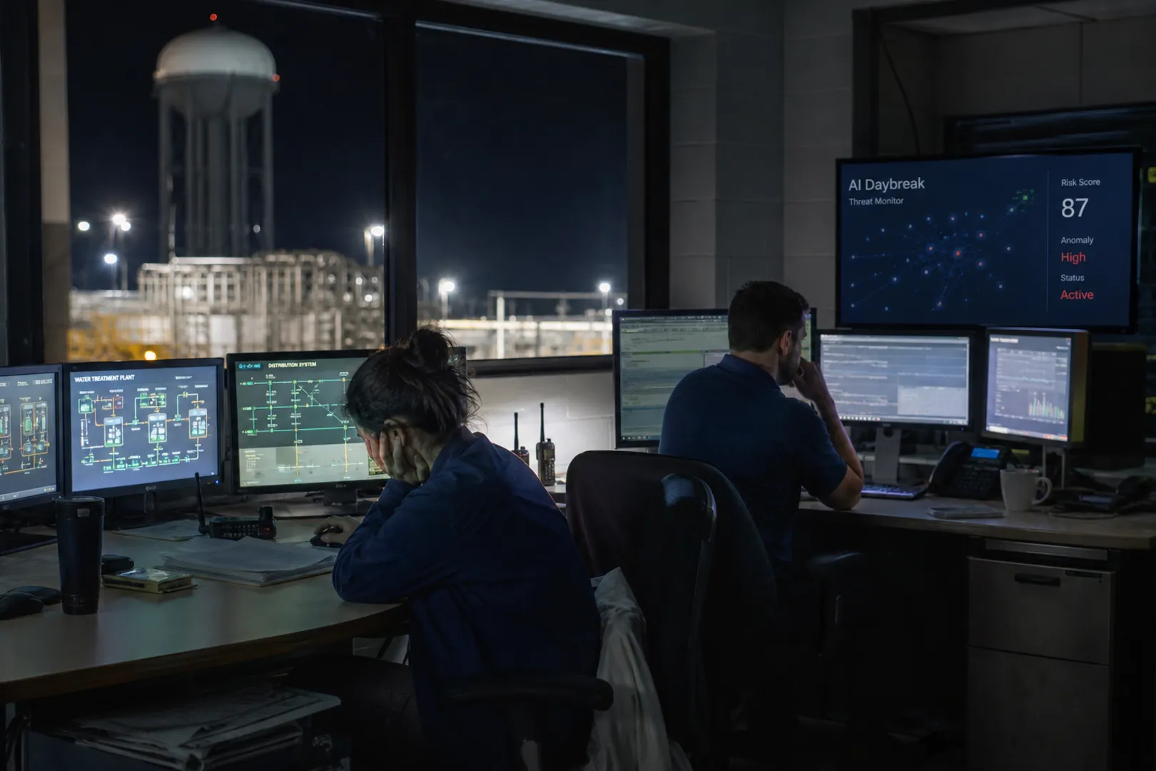 Night water-plant control room with tired defenders facing pipeline schematics and an AI Daybreak threat screen