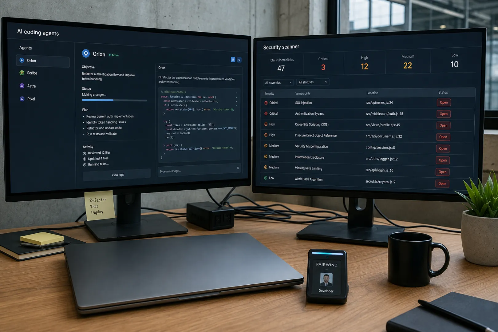 Dual monitors showing an AI coding agent and a vulnerability scanner beside a Fairwind access badge