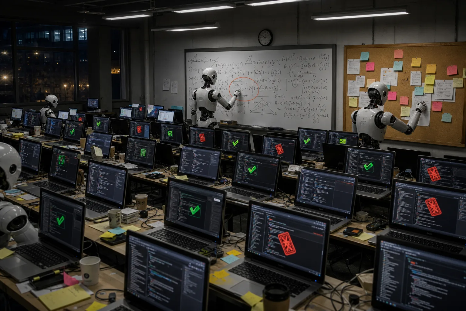 夜间数学实验室里成排笔记本有的打绿勾有的盖红叉，白板旁的机器人代理圈出记号漏洞，软木板贴满抗议便条