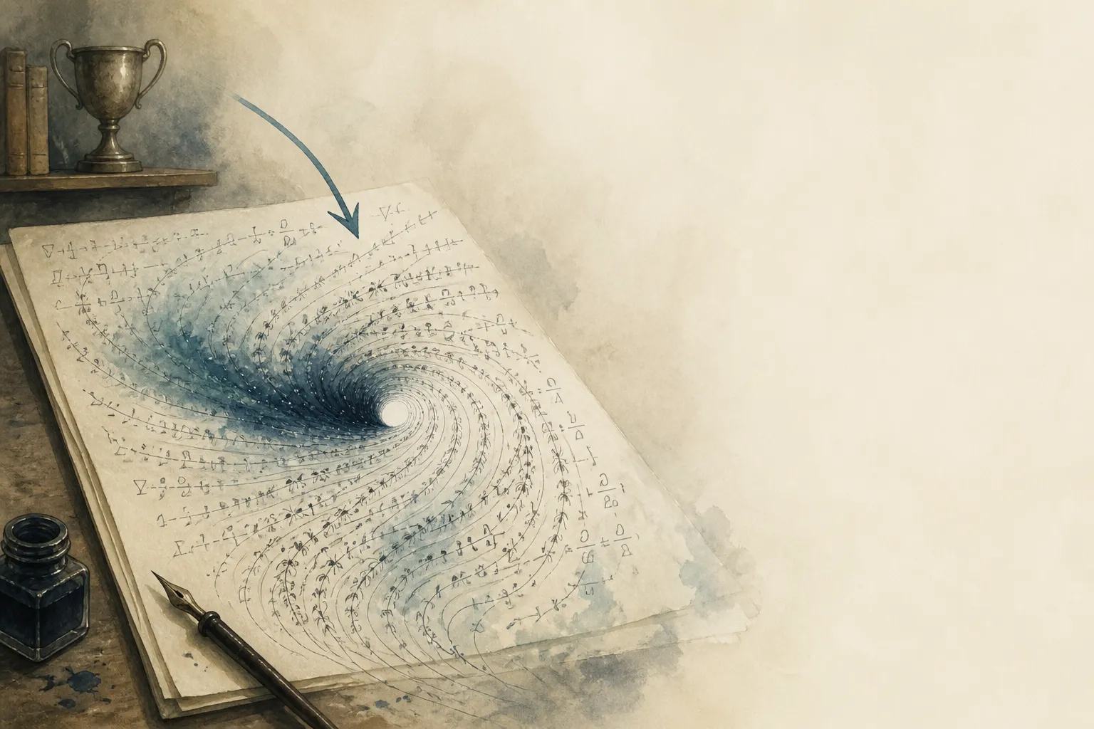 Editorial illustration: a ignored prize cup on a distant shelf while a swarm of tiny agents weaves an indigo ink vortex into a white singularity on a manuscript desk