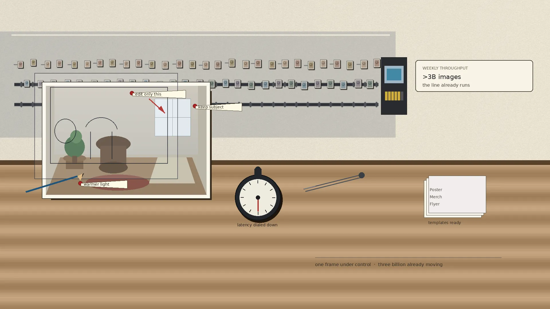 Editorial illustration: a conveyor of tiny photo frames races past a throughput meter while one room photograph on a drafting desk is refined under pencil sketch, comment pins, templates, and a stopwatch set to half