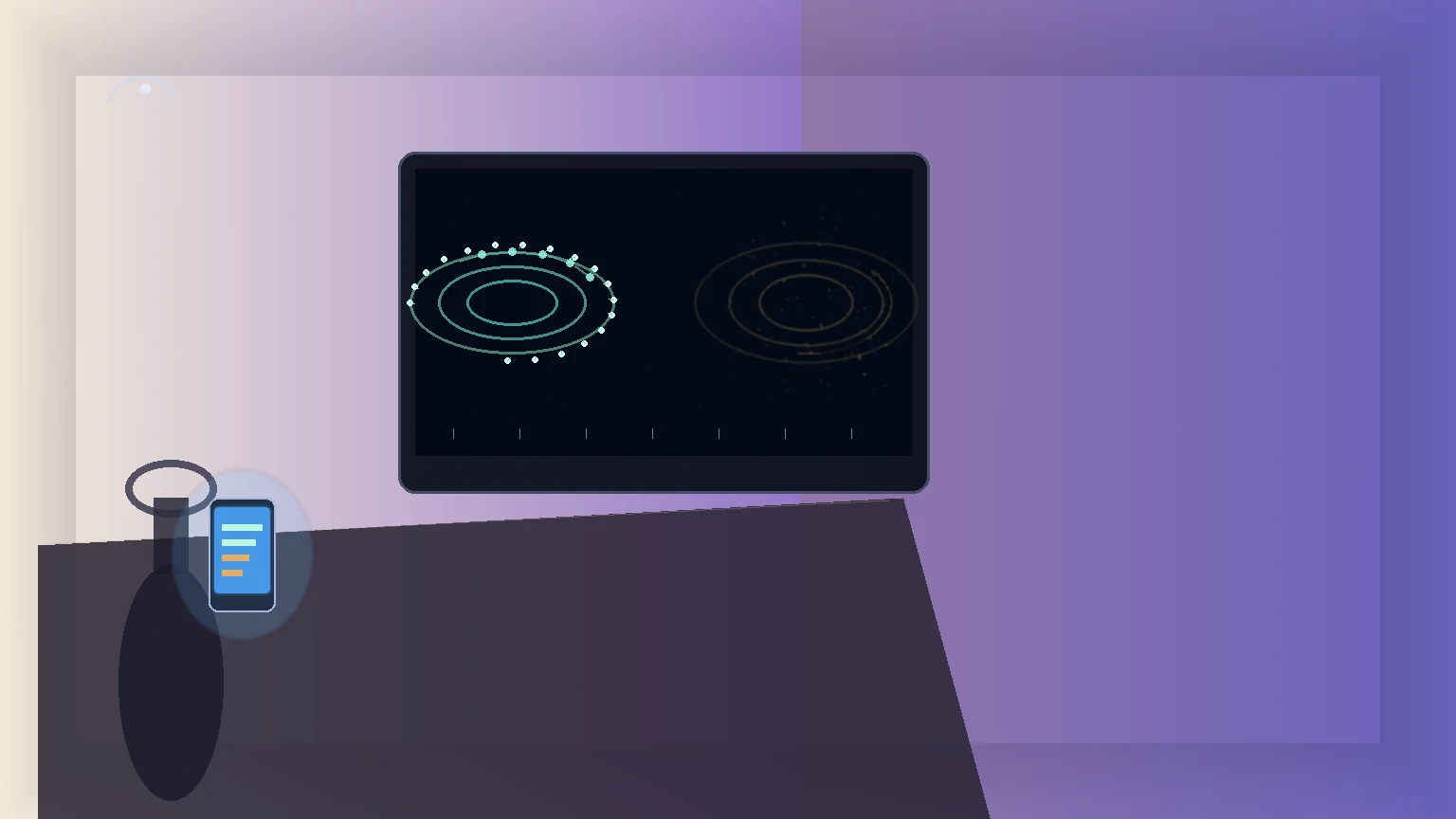 Editorial illustration: empty night lab desk with a phone casting a check-in glow; a monitor shows a crisp teal calibration loop beside a broken, fogged amber loop