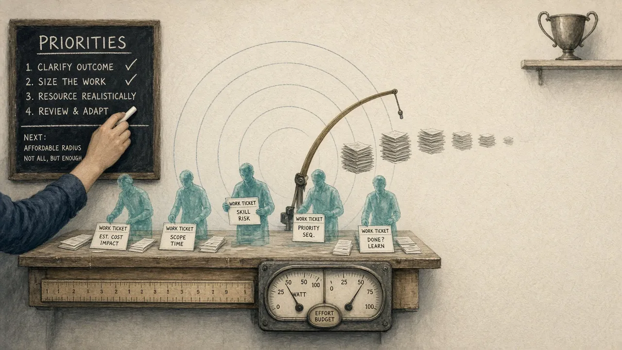 Editorial illustration: cream atelier with priority slate and human hand at left; small translucent agent figures completing work tickets along a cost-ruler workbench; brass affordable-radius arc; dusty prize cup on a high far shelf; watt-dollar meter on the desk; empty cool right margin