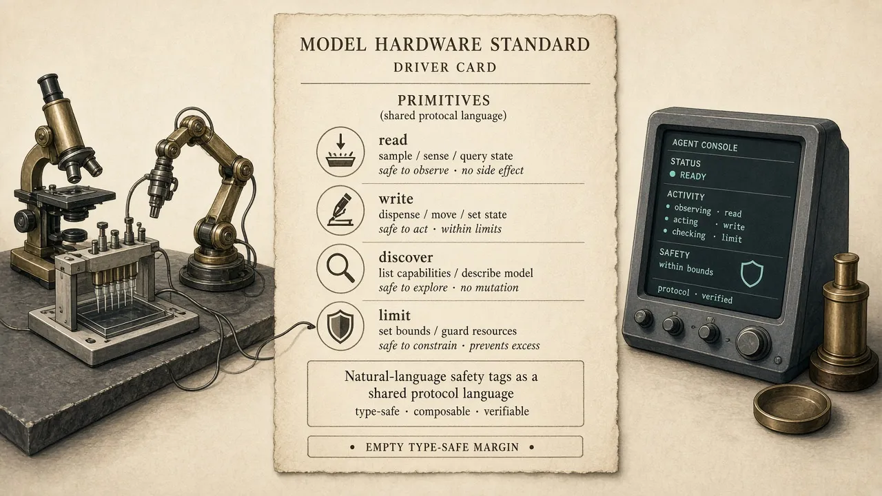 社论插画：实验台仪器与代理控制台分列两侧，中央为羊皮纸质 Model Hardware Standard 驱动卡片，列出 read/write/discover/limit 原语与自然语言安全标签