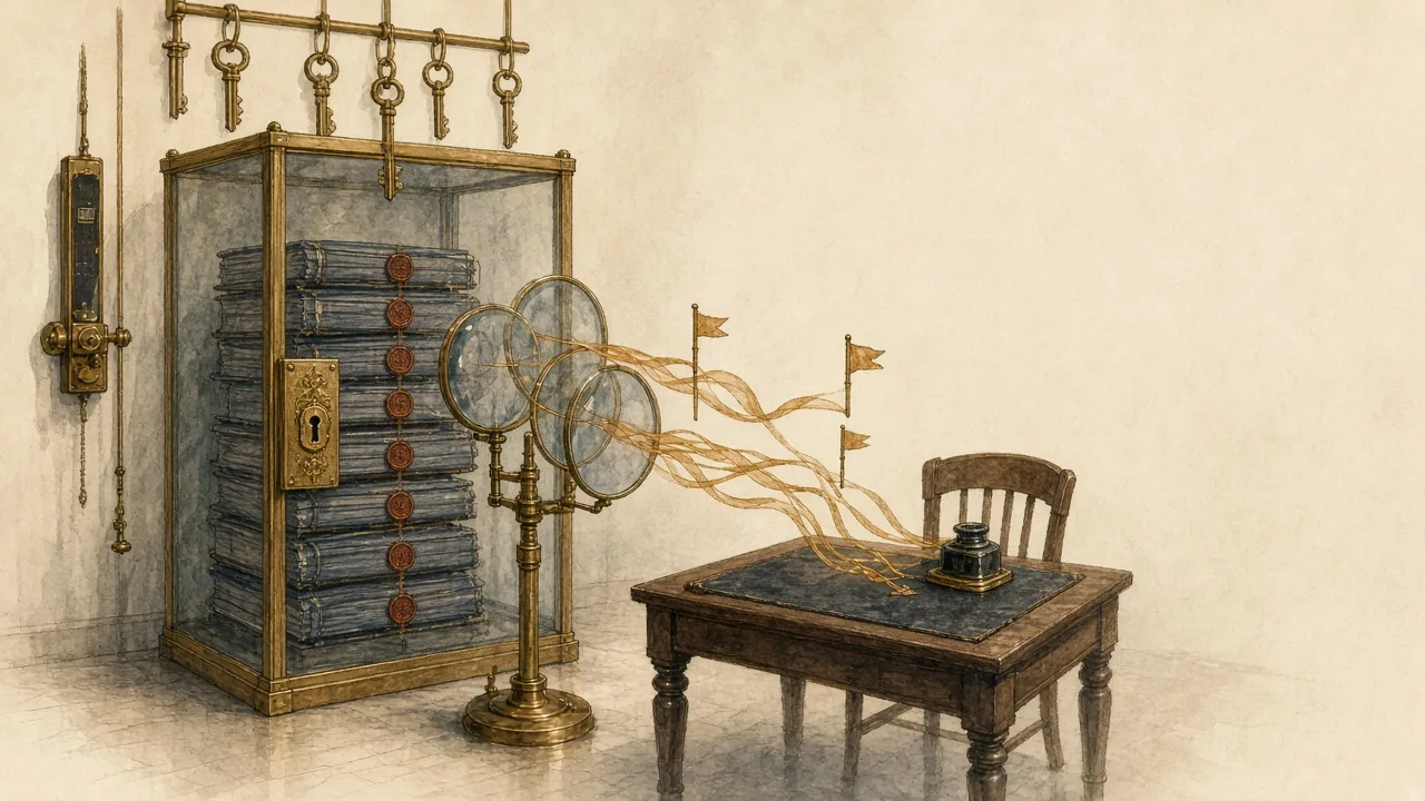 Editorial illustration: cream paper room with glass-brass customer vault of sealed ledgers and hanging keys at left; brass stand with translucent glass detection lenses at center extracting amber signal ribbons; ribbons end as flags on a customer review desk with empty chair; thin remote instrument strip far left; cool empty right margin