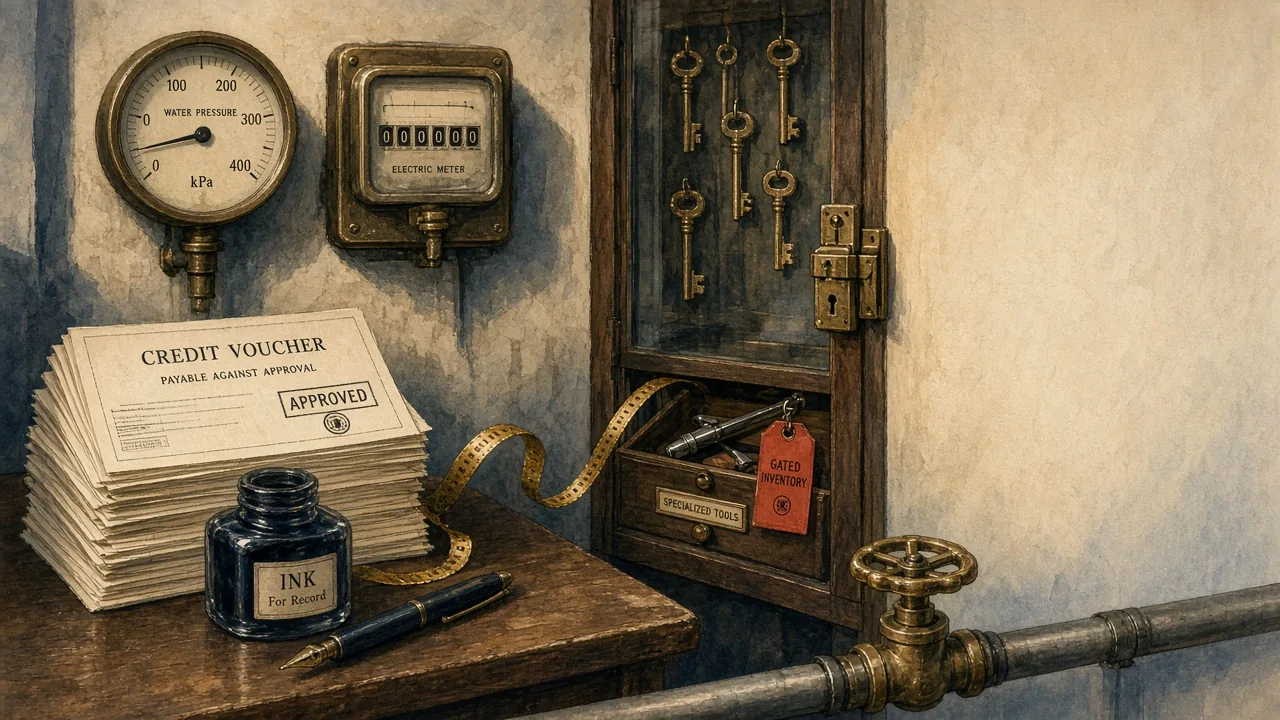 Editorial illustration: cream dawn atelier with water gauge and brass electric meter; stamped paper credit vouchers on a desk with ink bottle; brass ribbon leading into a locked glass cabinet of keys and a red-tagged tray; foreground pipe with brass valve; cool empty right margin