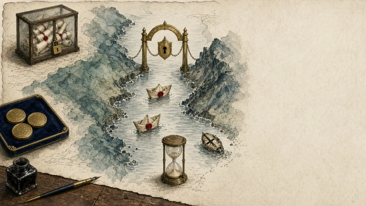 社论插画:羊皮纸海图上狭窄黄铜航道由钥匙孔闸门把守;封蜡纸船获准通行;岸上玻璃柜锁着补丁卷轴;天鹅绒托盘盛黄铜通行证;沙漏与墨水瓶置于桌边;右侧留白