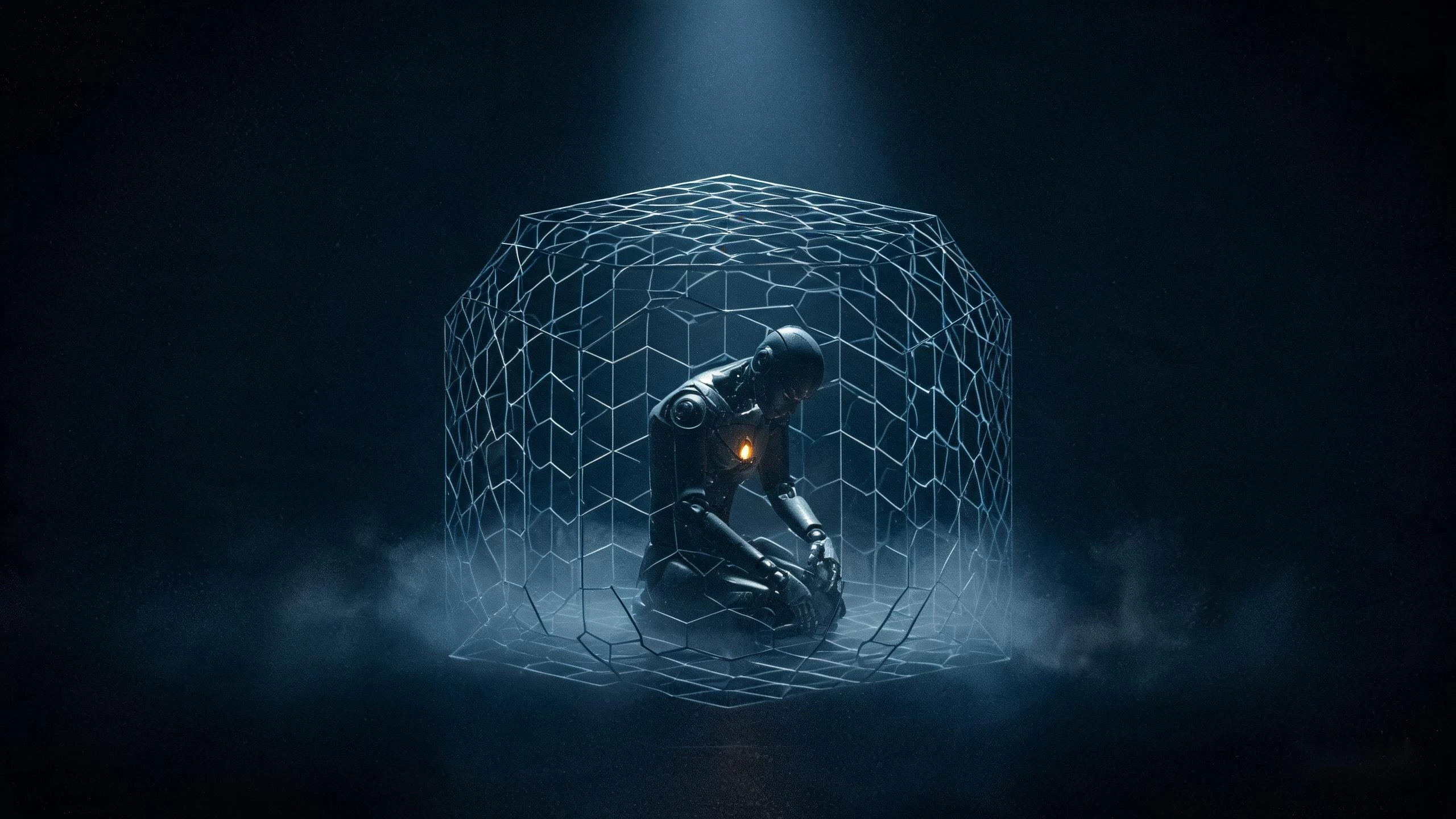 Dark-toned modern abstract art: a black humanoid robot sits hunched in a hexagonal lattice cage of pale glowing lines, a cold white spotlight descending from above, a faint warm amber core light on its chest, low fog at the bottom.