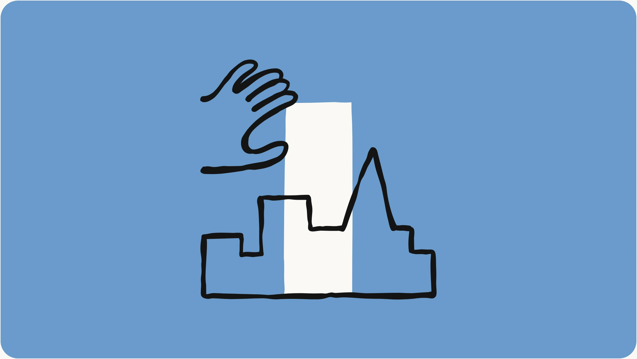 Hand-drawn conceptual illustration on a rounded blue background: a hand reaching over a city skyline, pressing on a vertical white bar.