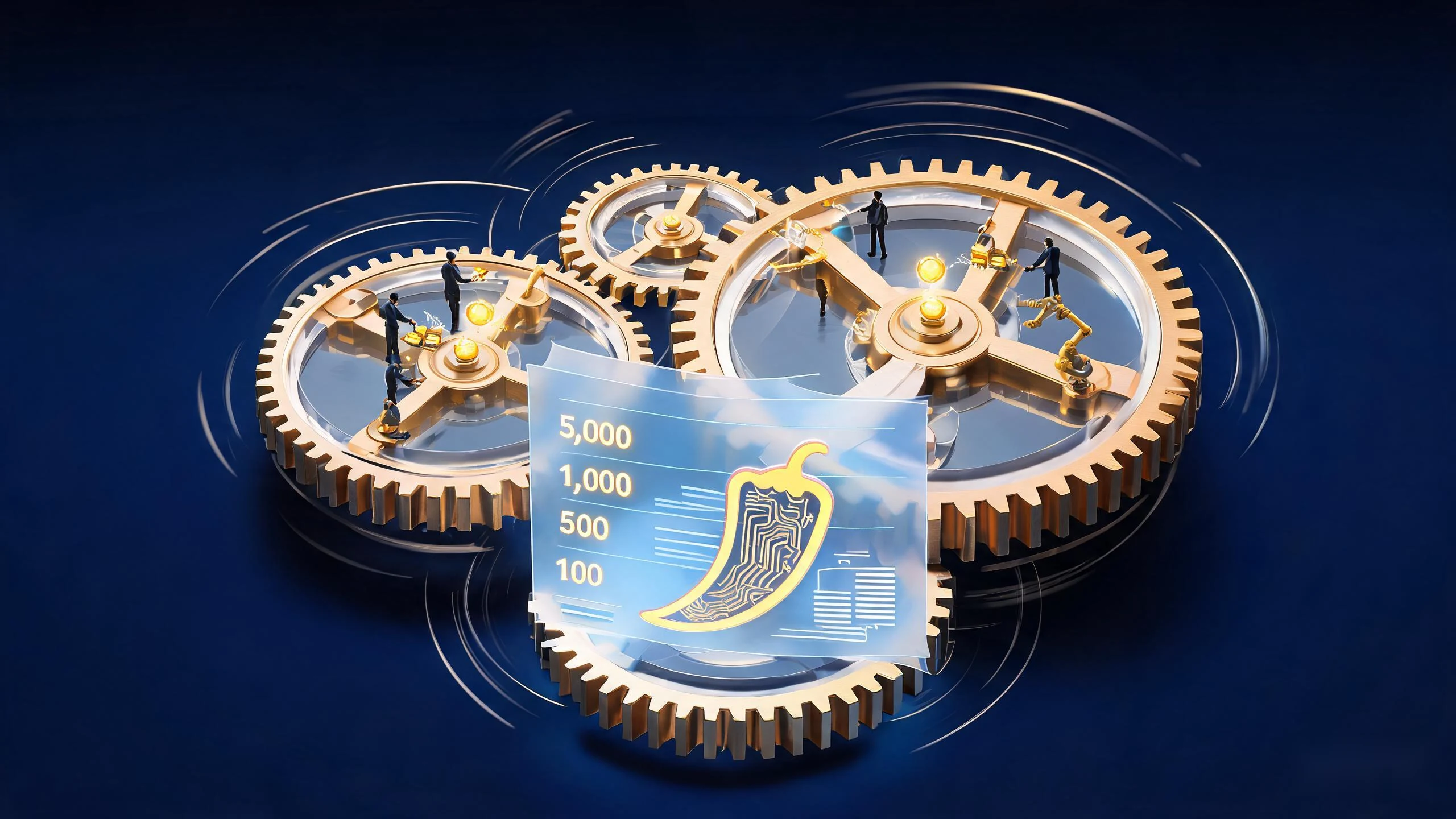 Editorial illustration: against a deep navy background, a giant flywheel of translucent glass and gold metal spins with three interlocking gear-pedals driving one another; tiny human figures and robotic arms pass glowing data packets inside the gears; in the foreground floats a holographic ledger with ascending gold numbers and a chili-pepper-shaped chip emblem. Isometric business-magazine cover style, blue and gold palette.