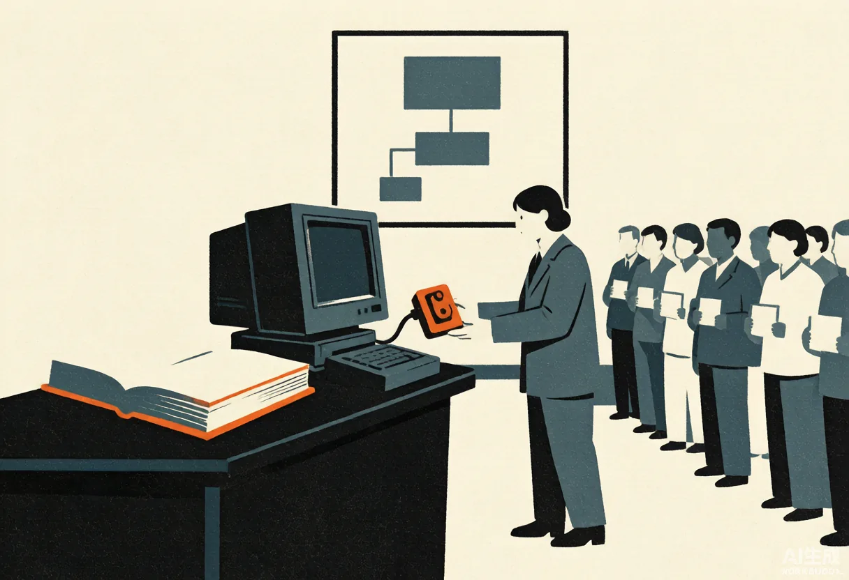 Editorial illustration: in a signing hall, an old computer terminal politely hands its own oversized power switch to a human official; a giant rulebook lies open on the table, a hierarchy diagram hangs on the wall, and a long queue of citizens holding comment cards waits to take part in the public consultation.