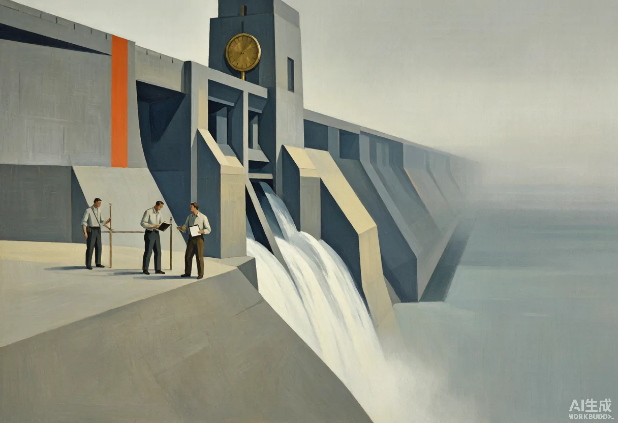 现代主义写实风格绘画:一座巨大的混凝土水电站大坝以精确主义几何形体横亘画面,闸门只开一半,泄出被刻意控制的激流;坝顶窄道上几位工程师拿着测量仪器和记录板缓步查看一只铜制仪表,下游河面消失在灰雾里。