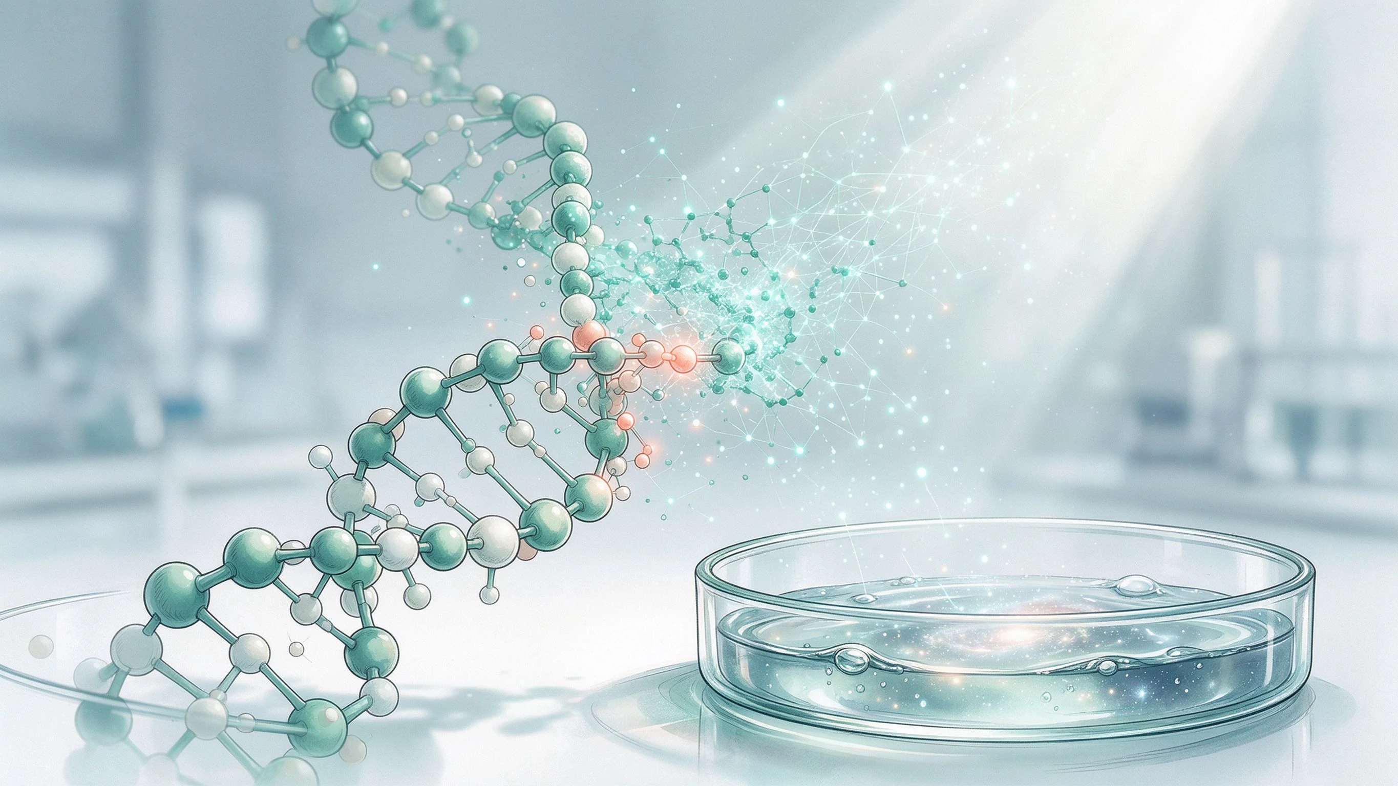 编辑出版级科学插画:蛋白质双螺旋一半为分子球棍模型、一半溶解为发光数据粒子,从玻璃培养皿中升起,实验室柔光背景