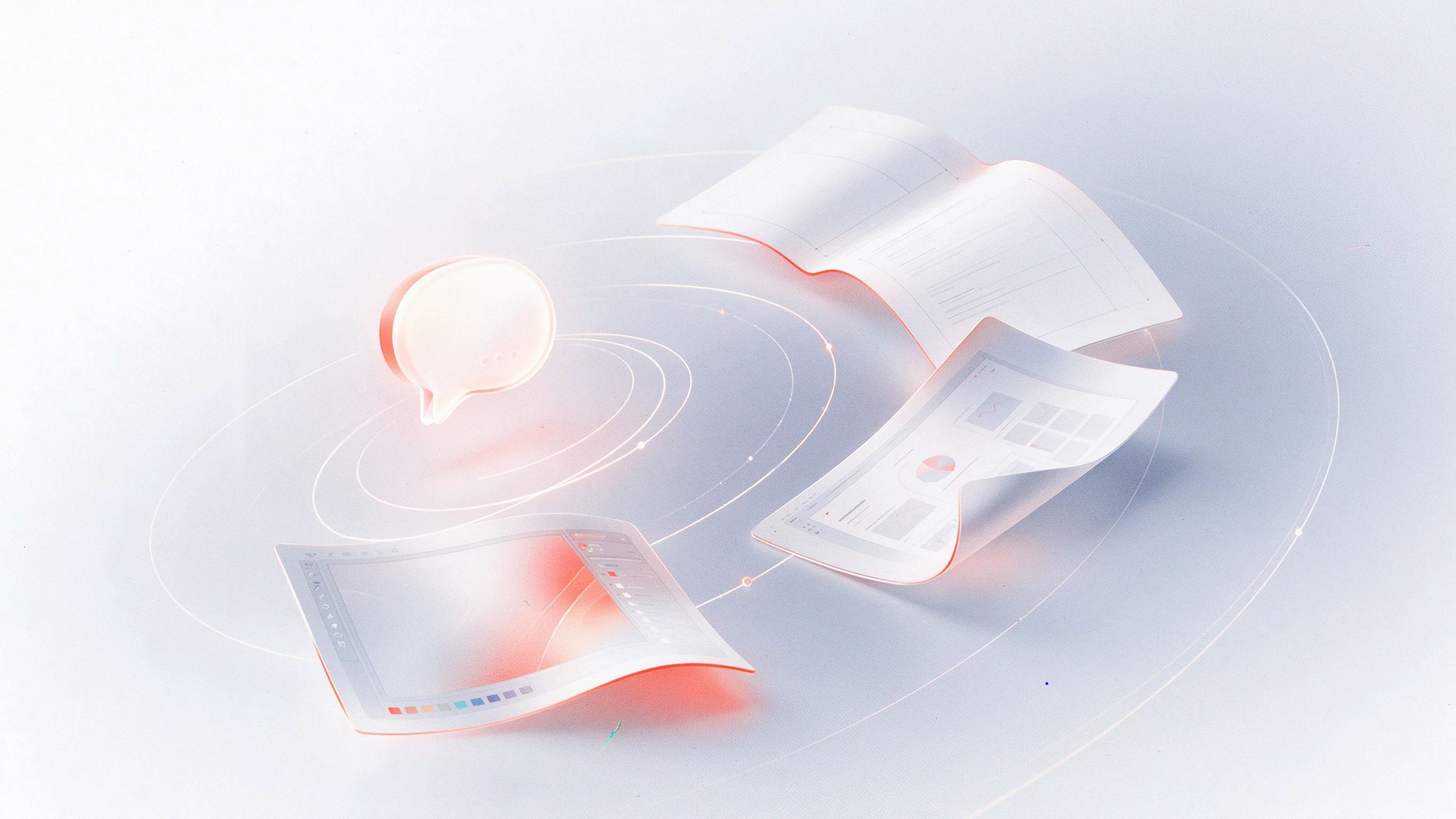 Editorial illustration: a warm white chat-bubble node floats over a cool white background, with a document page, a dog-eared slide and a design canvas growing along arcs around it, coral-orange accents