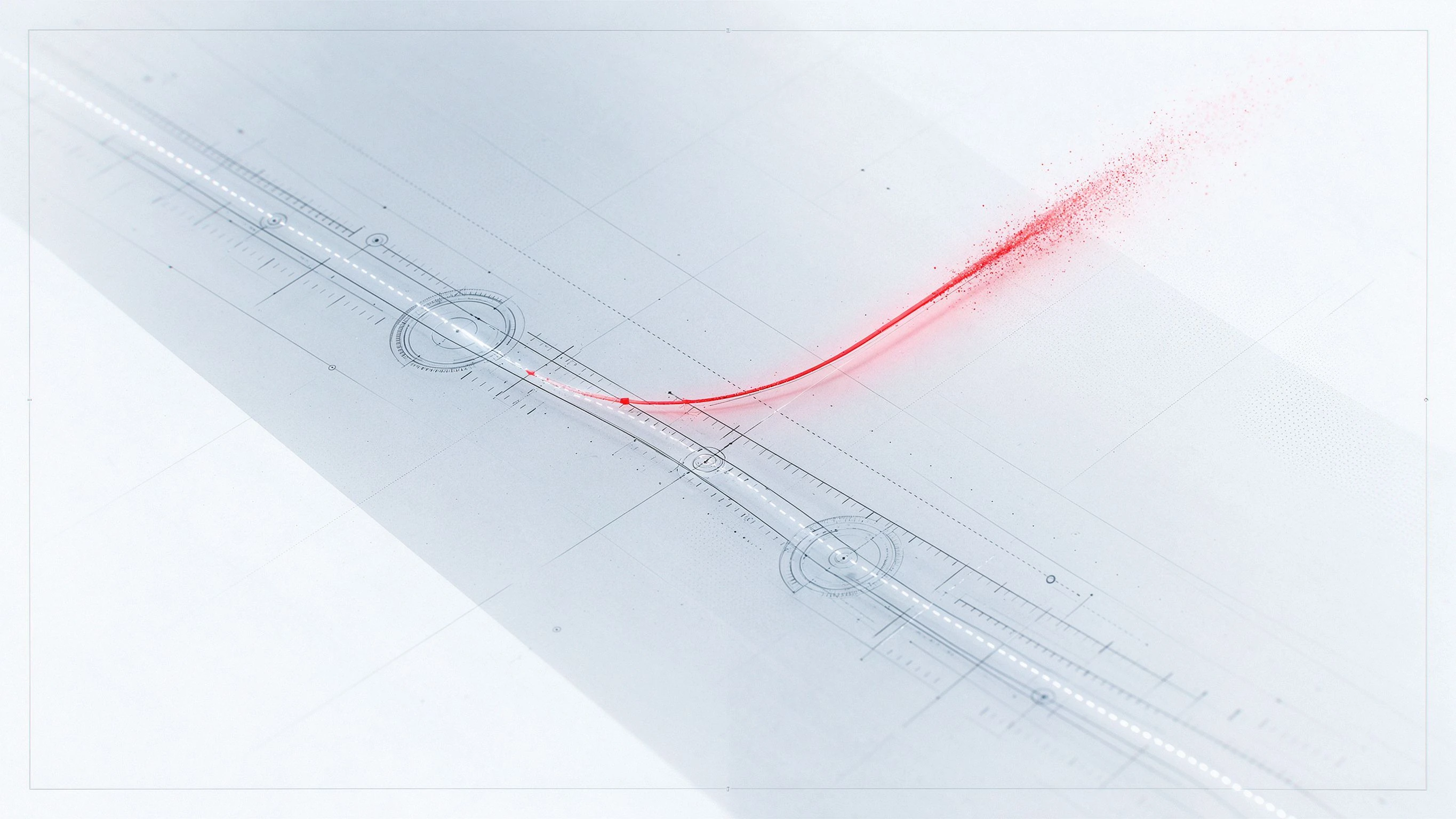Editorial technical illustration: a cool-white drafting-track forks mid-way; a signal-red anomalous trajectory bends sharply and dissolves into red particles, with calibration rings and a warning diamond in between