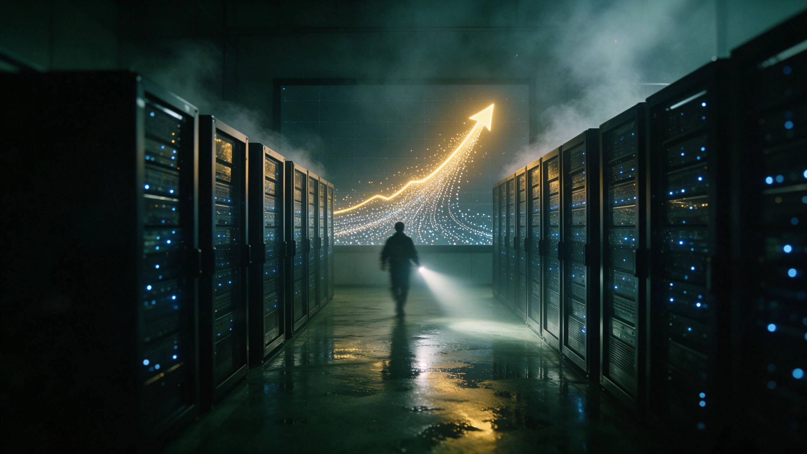 A maintenance engineer walks a dark data-center corridor with a flashlight, a golden curve climbing sharply on a giant screen at the far end while server racks blink on both sides