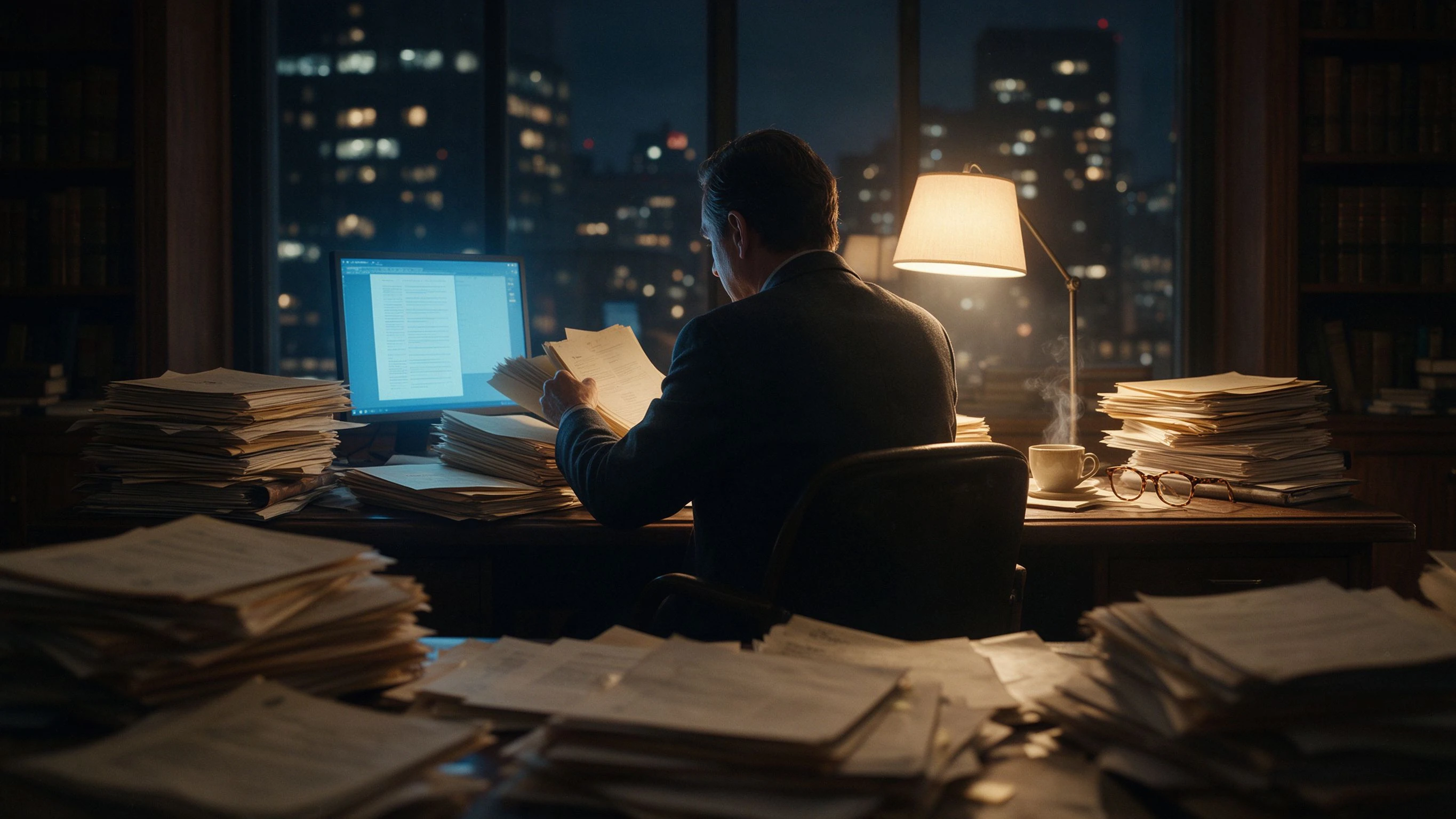 A lawyer's back at a night office desk surrounded by stacked case files, warm desk lamp light meeting cold blue screen glow, city lights beyond the window