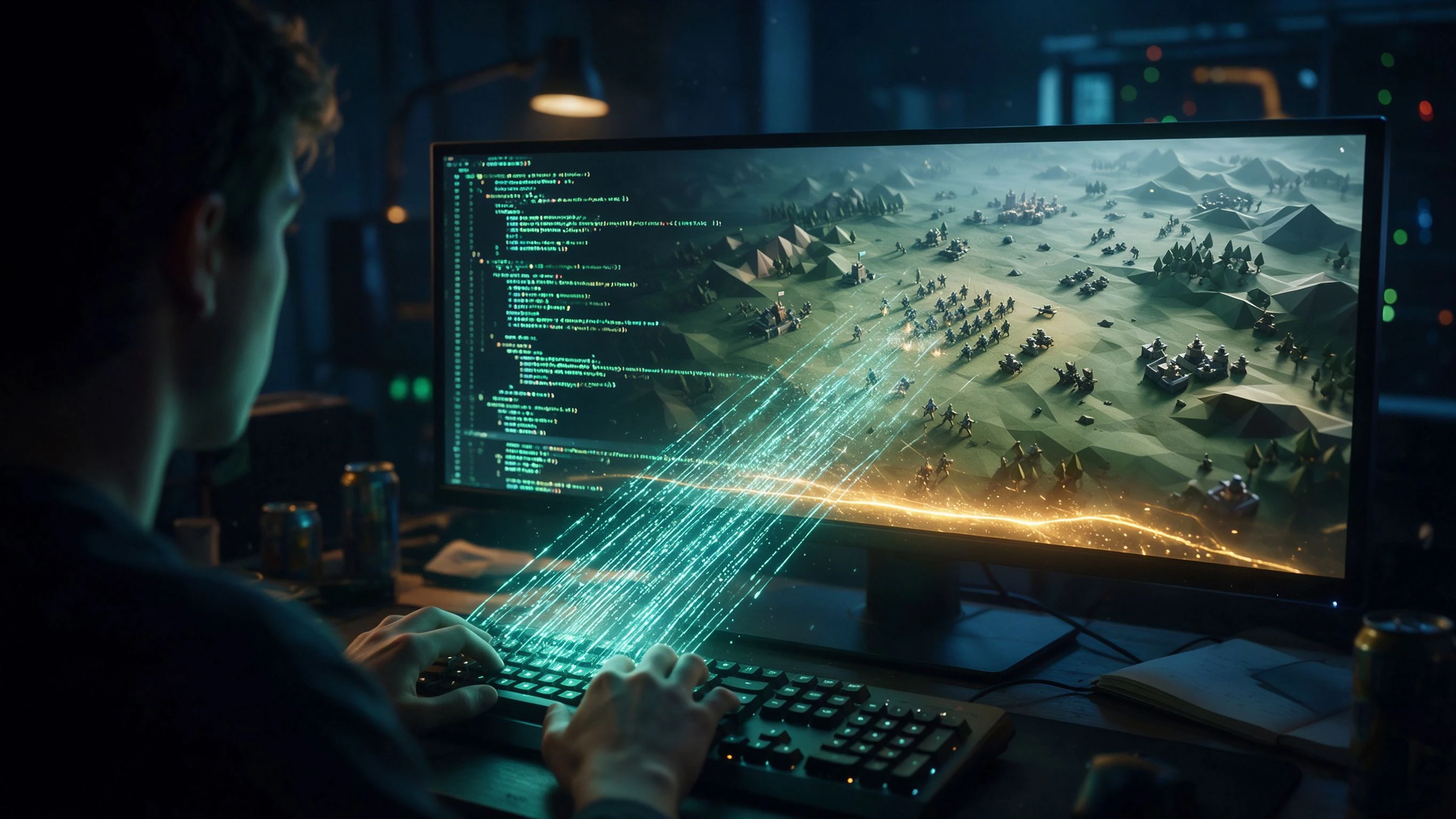 A programmer's back at a late-night workstation typing on a keyboard, monitor showing green code on the left and a low-poly strategy game battlefield on the right