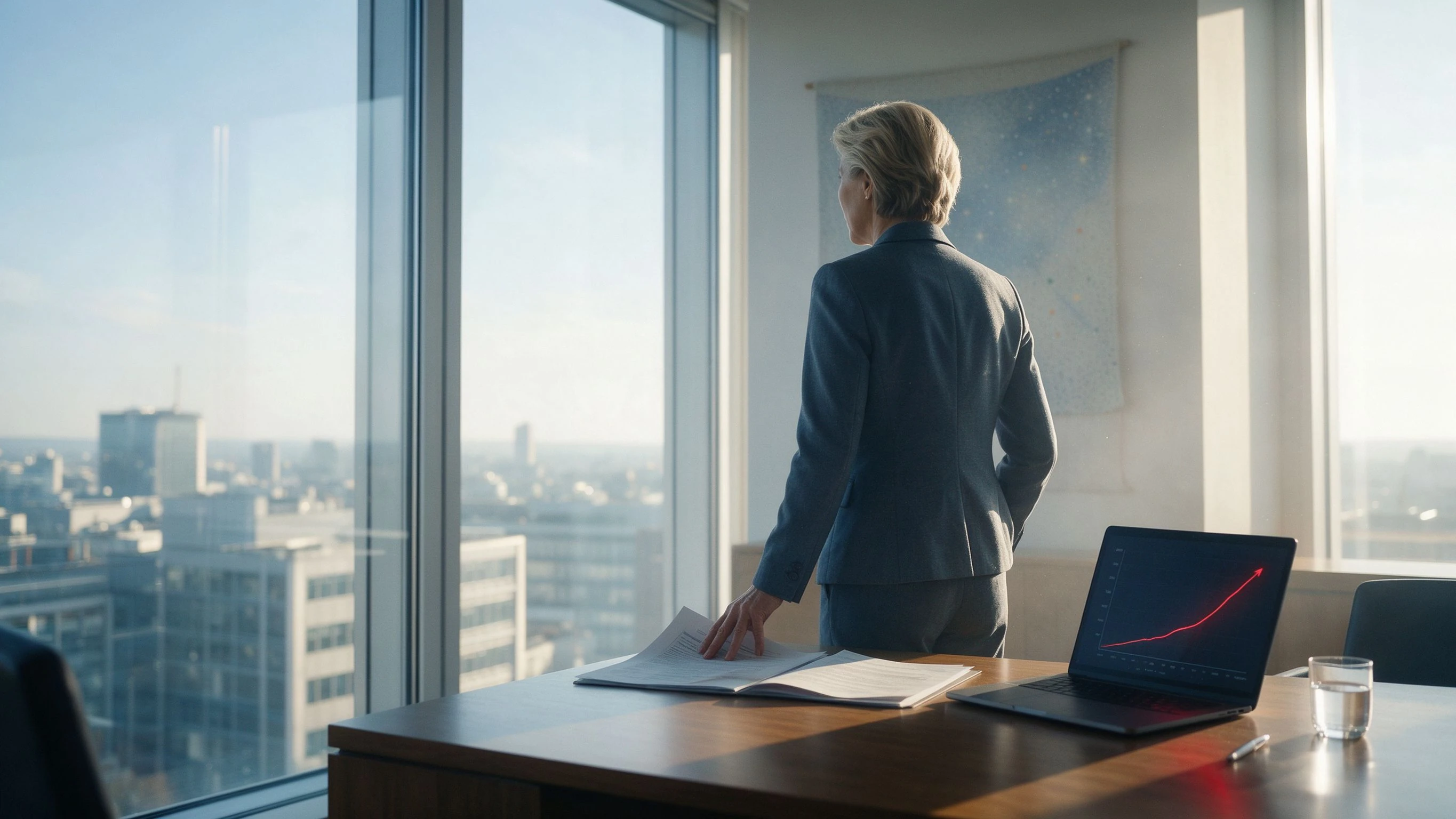In an EU office, a woman in a suit stands with her back to the camera by a floor-to-ceiling window, hand on a spread policy document, laptop screen showing a steep red rising curve