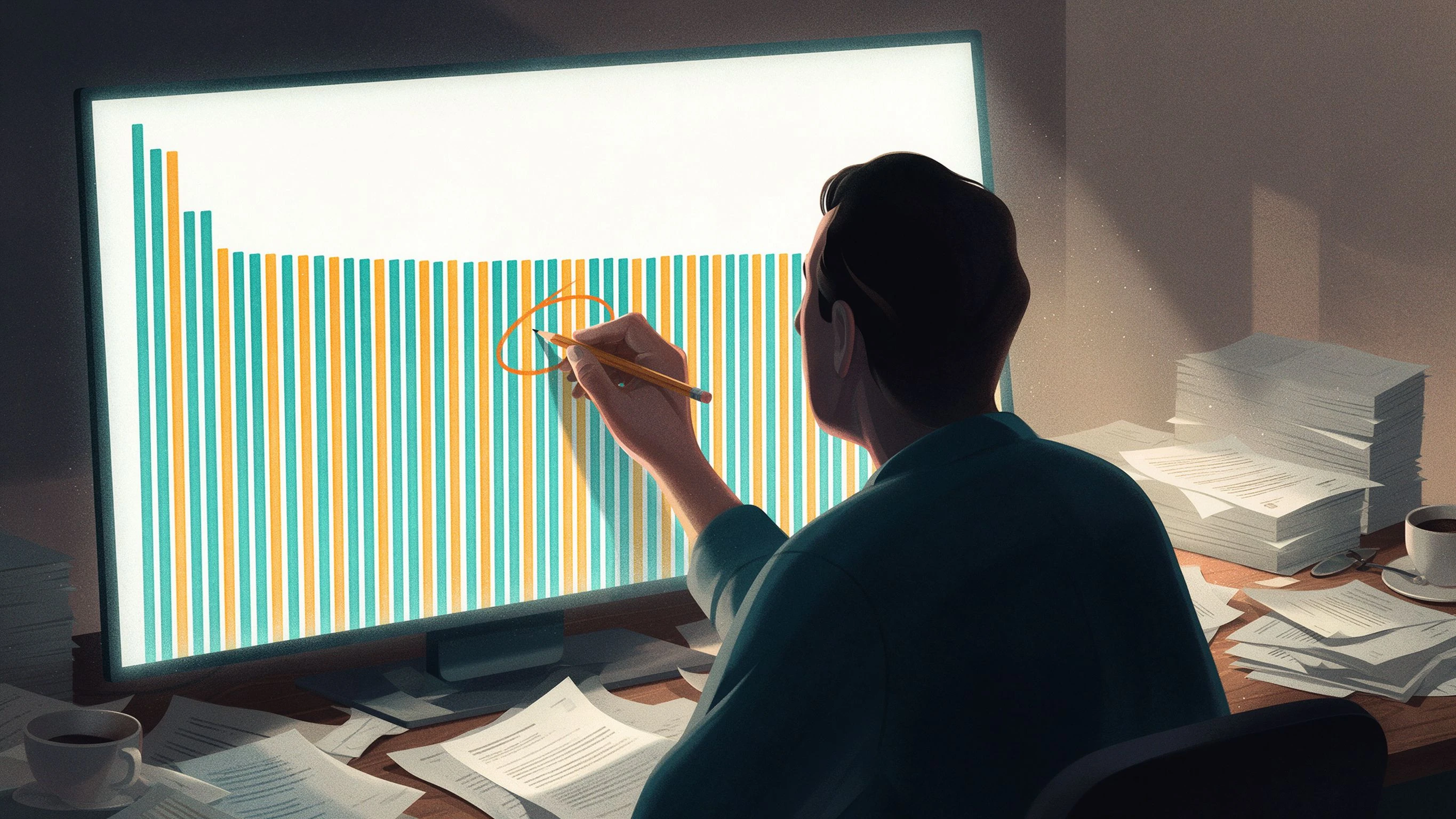 Late-night study: a researcher's back at a paper-strewn desk, pencil circling among near-equal bars on a leaderboard chart on the monitor. AI-generated illustration, not a news photo.