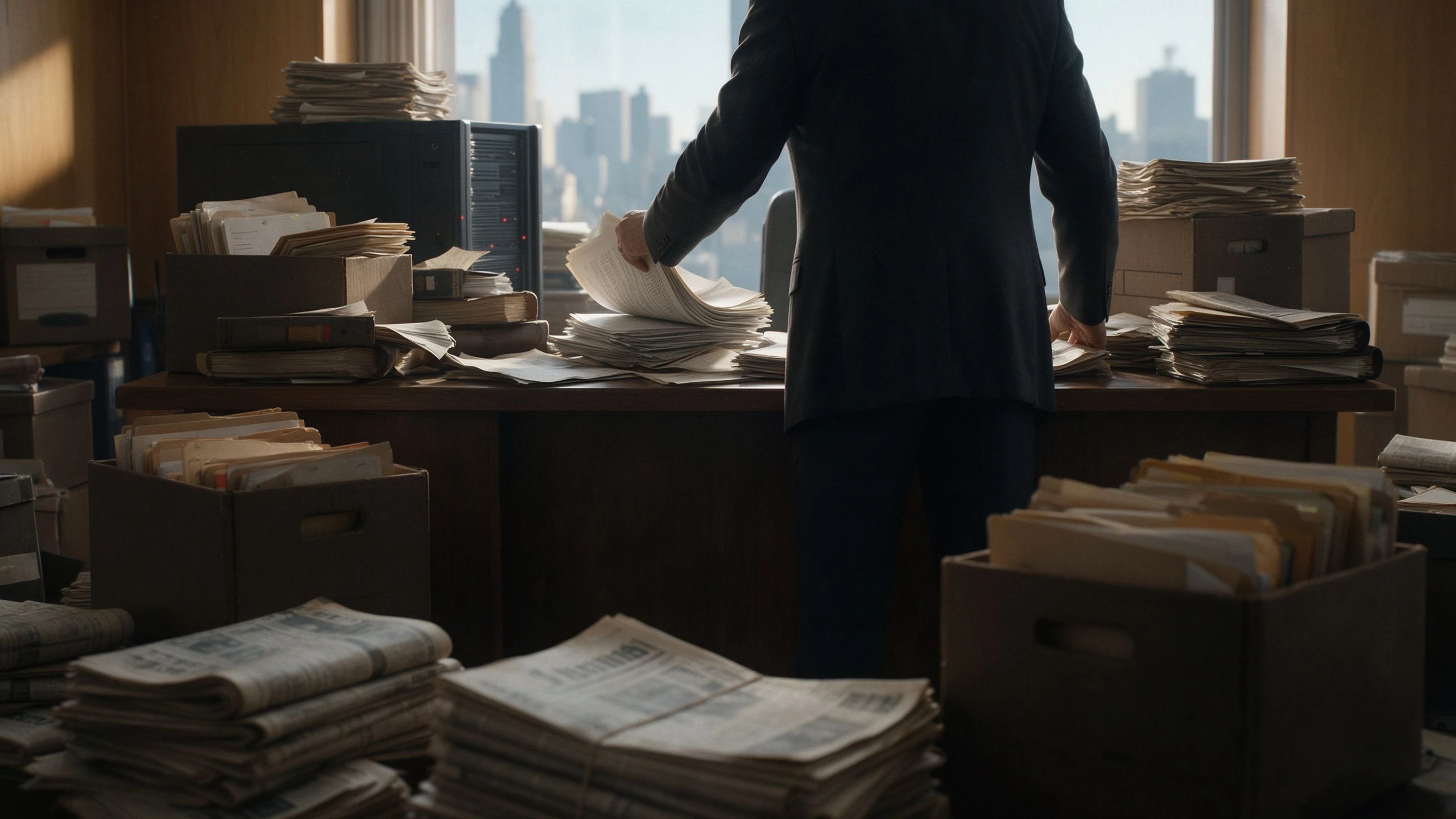 Morning at a law firm: a lawyer's back at a desk piled with file boxes, legal binders and old newspaper stacks, a server rack beside, city skyline through the window. AI-generated illustration, not a news photo.
