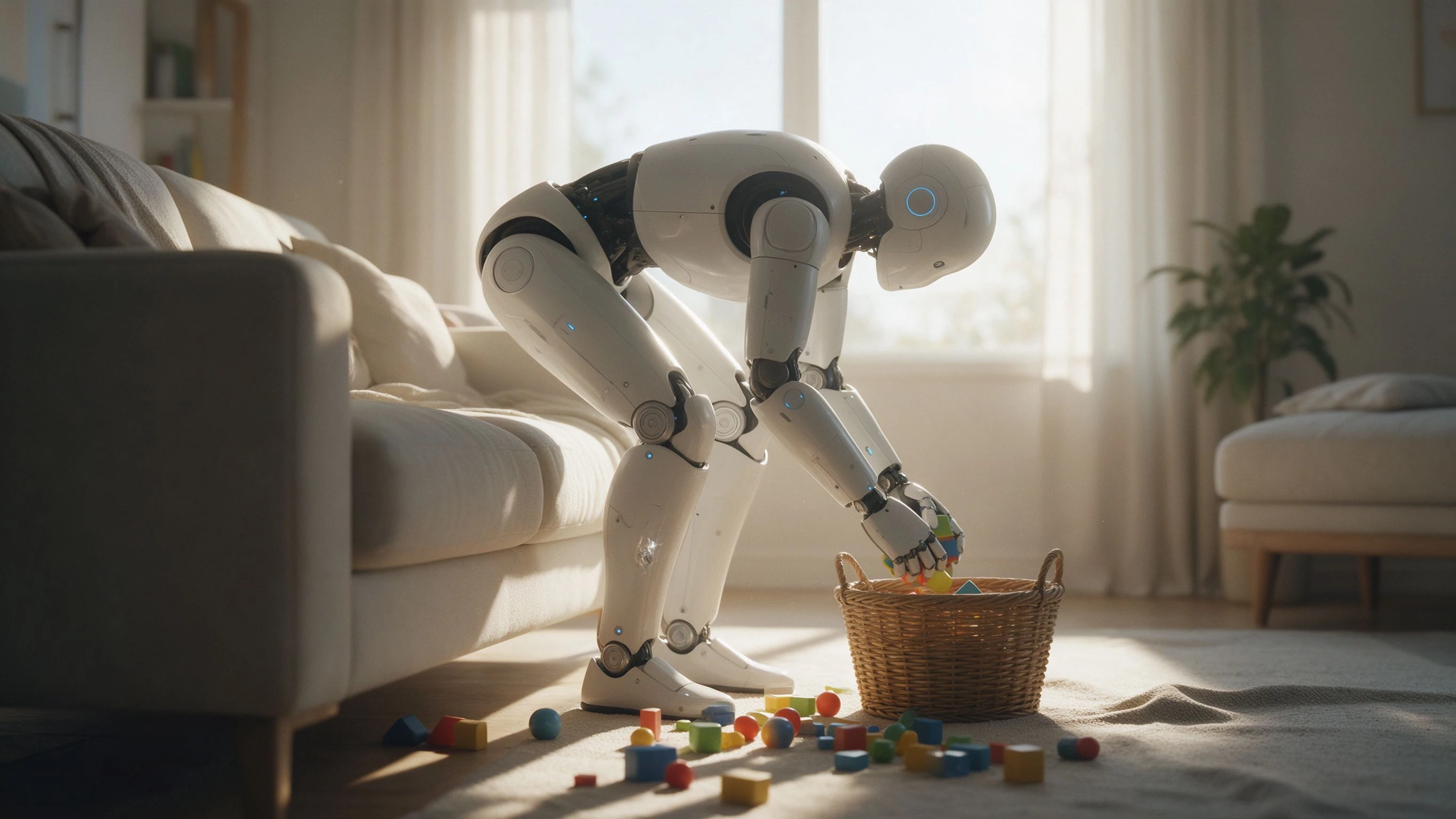 A white humanoid robot bends down to gather scattered toys into a wicker basket in a bright morning living room, window light casting soft shadows