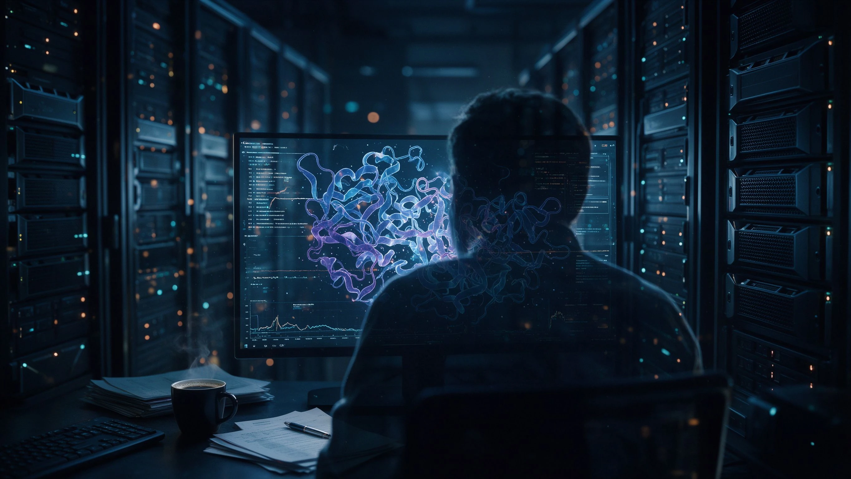 A researcher's back at a workstation late at night, protein fold structure on screen, GPU racks glowing behind