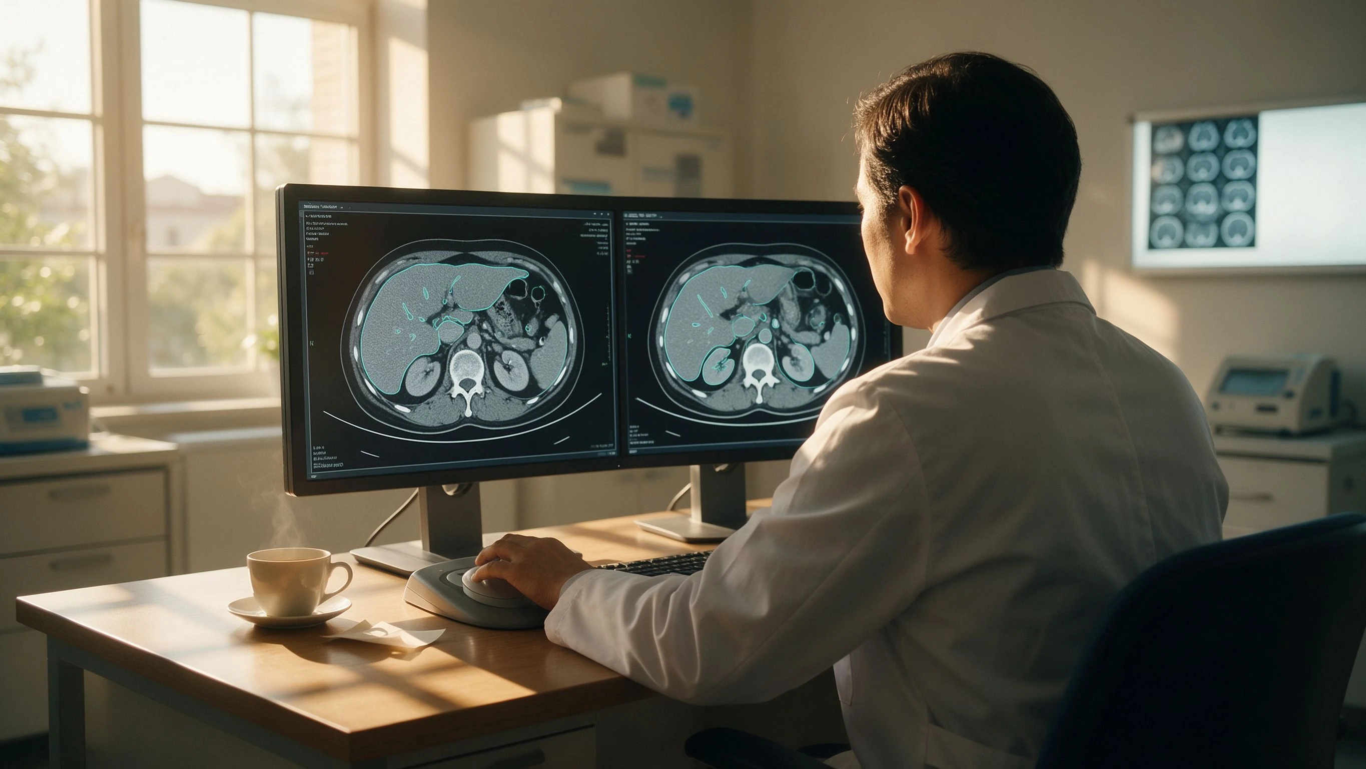 A radiologist's back at a dual-screen reading station in a morning diagnostic room, organ contours highlighted in cyan on a CT slice