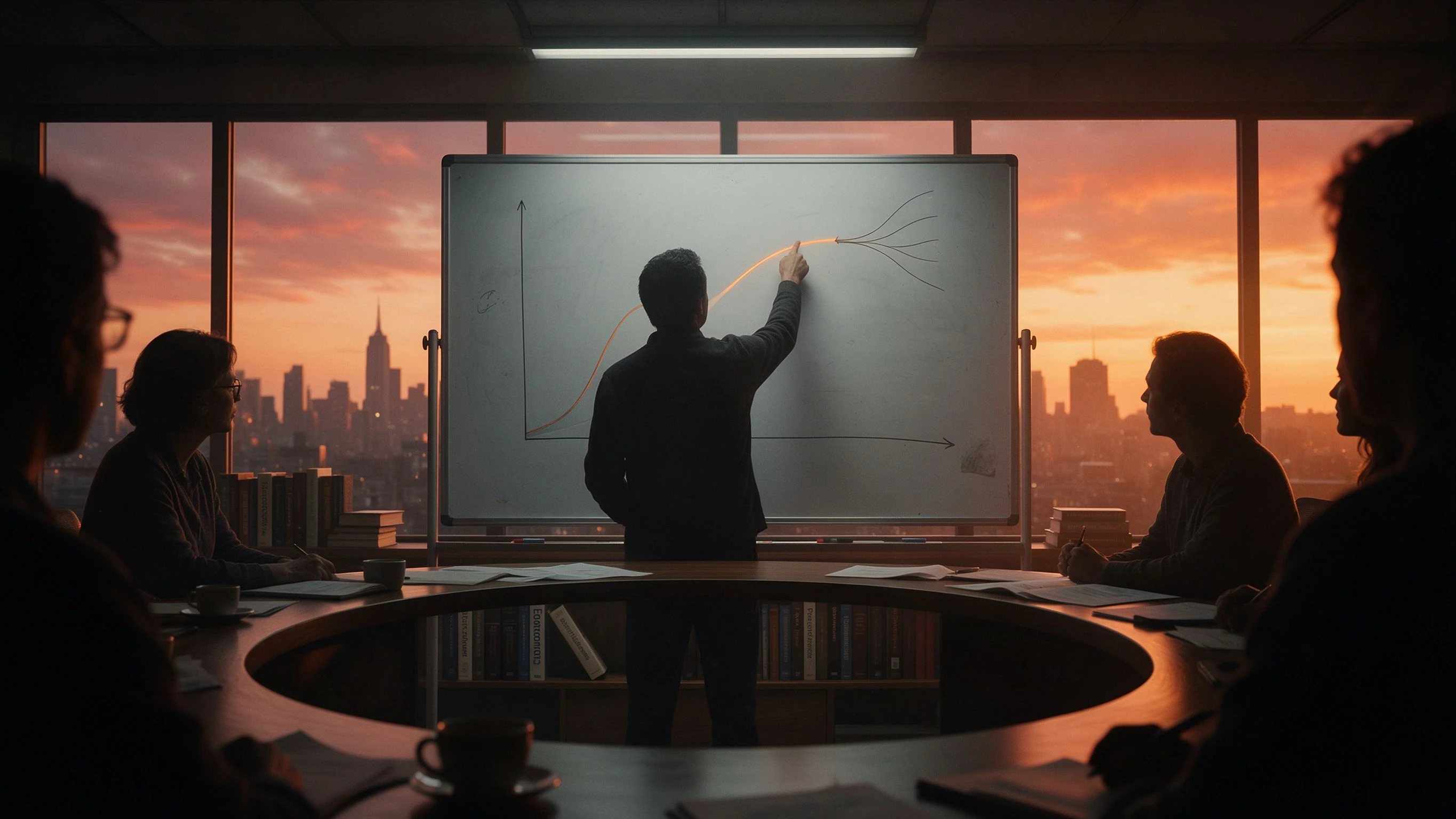 A scholar's back at a whiteboard in a dusk seminar room, charting a branching curve, silhouettes around a curved table, city skyline in orange evening light